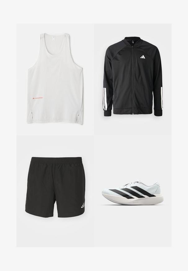 Giacca atletica nera con zip frontale, maniche raglan, logo Adidas bianco e strisce bianche sulle maniche. Tessuto liscio con polsini elasticizzati.; Canotta bianca senza maniche realizzata in tessuto leggero, con piccoli motivi a pois e spacchi laterali. Logo del marchio in rosso sul lato in basso a sinistra.; Pantaloni corti sportivi neri con vita elastica, fessure laterali e dettagli riflettenti del logo. Realizzati in un tessuto leggero e liscio.; Scarpe da corsa leggere di colore azzurro pallido con strisce nere. Presentano una tomaia liscia, punta rotonda e un'ampia intersuola bianca etichettata "LIGHTSTRIKE PRO."
