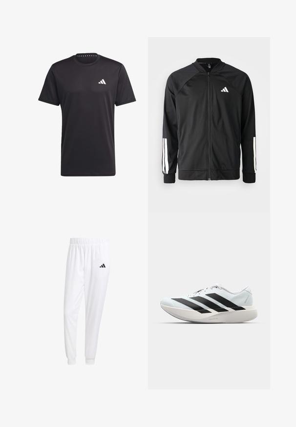 Melna sporta jaka ar priekšējo rāvējslēdzēju, raglanu piedurknēm, baltu Adidas logo un baltām svītrām uz piedurknēm. Gluda auduma sastāvs ar elastīgām aprocēm.; Melna sporta t-kreklā no elpojoša auduma, ar apaļu apkakli, īsām piedurknēm un baltu logo uz krūtīm. Tekstūrēts dizains.; Baltas sporta bikses, kas izgatavotas no gludas auduma, ar elastīgu jostu un pieguļošiem uzmavām, ar melnu logotipu aizmugurējā kabatā.; Gaiši zili vieglie skriešanas apavi ar melniem svītrainiem. Iezīmēti ar gludu augšpusi, apaļu purngalu un biezāko balto vidējo zoli, kurā ir uzraksts "LIGHTSTRIKE PRO."