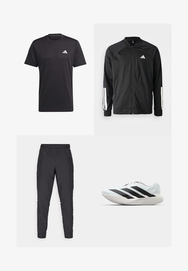 Svart treningsjakke med frontglidelås, raglanermer, hvit Adidas-logo og hvite striper på ermene. Glatt stoff med elastiske mansjetter.; Svart trenings t-skjorte laget av pustende materiale, med rund hals, korte ermer og en hvit logo på brystet. Strukturert design.; Svarte treningsbukser med elastisk midje, avsmalnende ben og hvite sideakenter. Laget av syntetisk materiale med en glatt tekstur.; Lette løpesko i lys blå med svarte striper. Har en myk overdel, rund tå og tykk hvit mellomsole merket "LIGHTSTRIKE PRO."