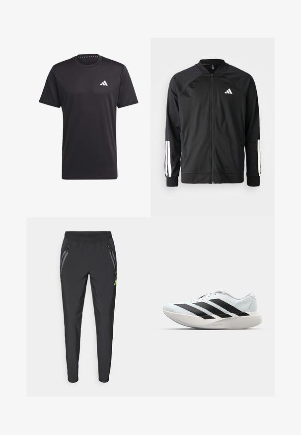 Veste de sport noire avec fermeture éclair à l'avant, manches raglan, logo Adidas blanc et bandes blanches sur les manches. Tissu lisse avec des poignets élastiques.; T-shirt de sport noir en tissu respirant, avec un col rond, des manches courtes et un logo blanc sur la poitrine. Design texturé.; adidas Performance REAL MADRID TIRO25 PRO VIS TECH TRAVEL PANT - Article de supporter d'équipe de club - black/lucid lemon; Baskets de course légères en bleu pâle avec des rayures noires. Elles présentent un dessus lisse, un embout rond et une semelle intermédiaire blanche épaisse étiquetée "LIGHTSTRIKE PRO".