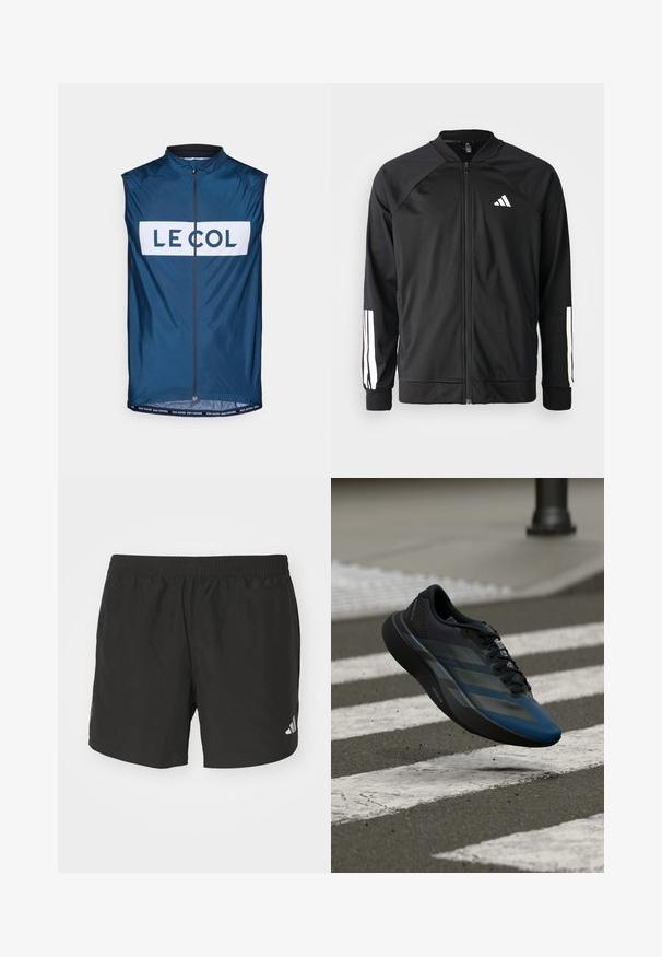 Juodas sportinis džemperis su priekiniais užtrauktukais, raglano stiliaus rankovėmis, balta Adidas logotipu ir baltais juostelėmis ant rankovių. Lygus audinys su elastingomis rankovėmis.; Jūrininko stiliaus dviračių liemenė, turinti aukštą apykaklę, visą ilgio užtrauktuką ir didelį baltą logotipą. Lengva, lygaus paviršiaus ir be rankovių konstrukcija.; Juodi sportiniai šortai su elastinga juosmena, šoninėmis plyšiais ir atspindinčiais logotipais. Pagaminti iš lengvos, lygaus audinio.; Juodos ir mėlynos spalvų sportinė batus su aptakiu dizainu, tekstūruotu viršumi, kontrastingomis juostelėmis ir paminkštinta padu, kybantis virš šaligatvio.