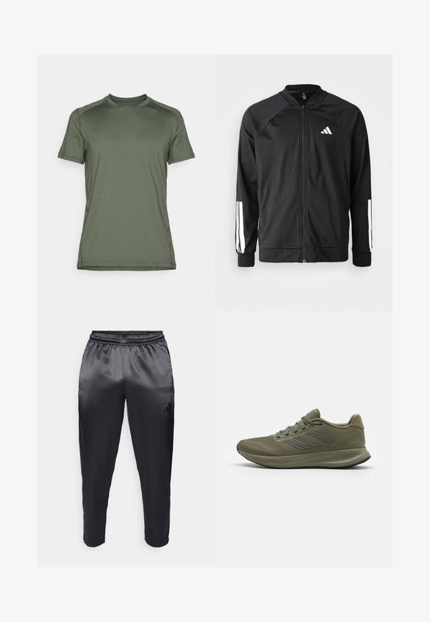 Μαύρο αθλητικό μπουφάν με μπροστινό φερμουάρ, ραγλανικά μανίκια, λευκό λογότυπο Adidas και λευκές ρίγες στα μανίκια. Λείο ύφασμα με ελαστικά μανίκια.; Κοντομάνικη αθλητική μπλούζα σε ελαιόλαδο χρώμα, φτιαγμένη από λεία, ελαφριά ύφασμα; διαθέτει στρογγυλή λαιμόκοψη και μίνιμαλ ραφές.; Μαύρο αθλητικό παντελόνι από λείο, ελαφρύ ύφασμα με ελαστική μέση. Διαθέτει ένα μικρό λογότυπο στην αριστερή πλευρά και στενές γάμπες.; Πράσινα αθλητικά παπούτσια με υφασμάτινο επάνω μέρος με υφή, τρεις γκρίζες λωρίδες στο πλάι και μαλακή σόλα. Διαθέτουν κορδόνια και επενδεδυμένο κολάρο.