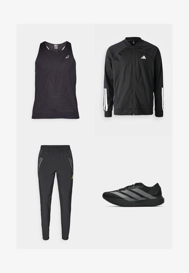 Veste de sport noire avec fermeture éclair à l'avant, manches raglan, logo Adidas blanc et bandes blanches sur les manches. Tissu lisse avec des poignets élastiques.; Débardeur de sport noir avec un col en V, présentant des motifs géométriques texturés et un logo réfléchissant sur le côté supérieur gauche. Tissu léger.; adidas Performance REAL MADRID TIRO25 PRO VIS TECH TRAVEL PANT - Article de supporter d'équipe de club - black/lucid lemon; Chaussures de sport noires au design léger, présentant trois rayures grises marquées, une texture lisse et une semelle profilée.