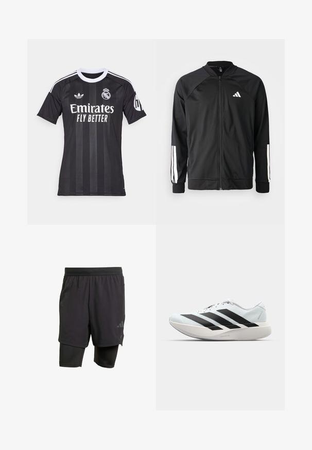 Mustar mustreeritud spordijakk, millel on ees lukuga taskud, raglanvarrukad, valge Adidas logo ja valged triibud varrukatel. Sile kangas elastsete mansettidega.; Must musta Real Madrid jalgpallisärk valge kraega, Adidas ja meeskonna logod, Emirates Fly Better sponsoritekst ning HP logo varrukal.; Mustavad sportlikud lühikesed püksid integreeritud sisekihiga, valmistatud hingavast kangast. Omab diskreetset logo ja struktureeritud tekstuuri. Reguleeritav vöökoht.; Kerged jooksujalatsid helesinises värvuses mustade triipudega. Omavad siledat pealispinda, ümarat varvase osa ja paksu valget vahemõõtu, millel on silt "LIGHTSTRIKE PRO".