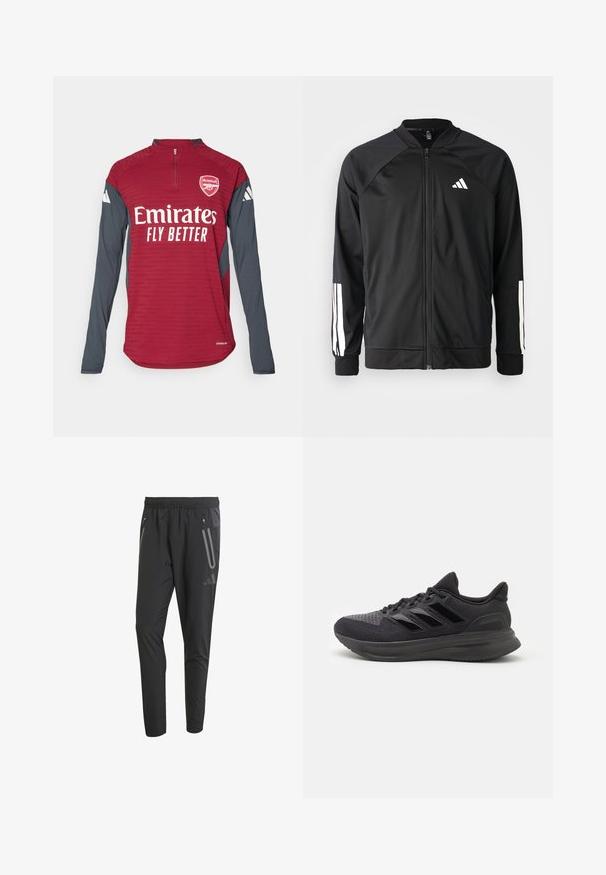 Chaqueta deportiva negra con cremallera frontal, mangas raglán, logo de Adidas en blanco y rayas blancas en las mangas. Tejido suave con puños elásticos.; adidas Performance ARSENAL FC 25/26 TIRO 25 EUROPEAN PRO TOP - Equipación de clubes - team coll burgundy/dark grey; Pantalones deportivos negros con cintura elástica, dos bolsillos laterales con cremallera, corte ajustado y detalles reflectantes en la parte frontal.; Zapatilla deportiva negra con parte superior de tela texturizada, suela de goma y tres franjas negras brillantes en el costado. Punta redondeada y talón acolchado.