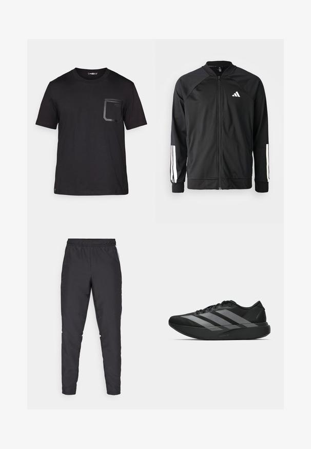Crna sportska jakna s prednjim zatvaračem, raglan rukavima, bijelim Adidas logom i bijelim prugama na rukavima. Glatka tkanina s elastičnim manžetama.; Crna majica kratkih rukava napravljena od pamuka s suptilnom teksturom. Ima prednju džep s pravokutnim dizajnom i detaljem s logom.; Crne atletske hlače s elastičnim strukom, sužavajućim nogavicama i bijelim bočnim naglascima. Izrađene od sintetičkog materijala s glatkom teksturom.; Crne atletske tenisice s laganim dizajnom, koje imaju tri istaknute sive pruge, glatku teksturu i oblikovanu pogodnu potplat.