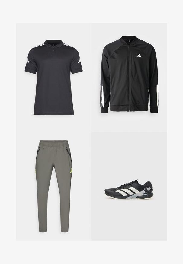 Črna atletska jakna z zadrgo spredaj, raglan rokavi, belo Adidas logo in bele črte na rokavih. Gladek material z elastičnimi manšetami.; Črna polo majica s klasičnim ovratnikom, zapenjanjem na tri gumbe, kratkimi rokavi in belimi črtami na ramenih. Narejena iz zračnega materiala.; adidas Performance REAL MADRID C VISTECH P - Klubska moštva - utility grey/semi frozen yellow; Črne atletske čevlje z belimi črtami, mrežastim zgornjim delom, zaobljenim nosom in blaženim podplatom. Imajo teksturiran petni del in varen sistem vezalk.