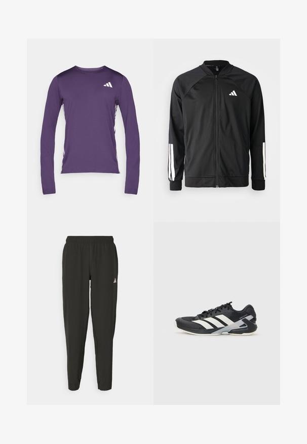 Schwarze Sportjacke mit einem Frontreißverschluss, Raglanärmeln, weißem Adidas-Logo und weißen Streifen an den Ärmeln. Glattes Gewebe mit elastischen Bündchen.; Langarm-Sportshirt in Lila mit Rundhalsausschnitt, strukturiertem Stoff und weißen Logoakzenten auf der oberen linken Brustseite und den Seiten.; Schwarze Sporthosen mit elastischem Bund, slim fit und weißem Logo auf dem linken Bein. Glattes, leichtes Material.; Schwarzer Sportschuh mit weißen Streifen, Obermaterial aus Mesh, runde Zehenform und gepolstertem Sohlenteil. Verfügt über eine strukturierte Ferse und ein sicheres Schnürsystem.