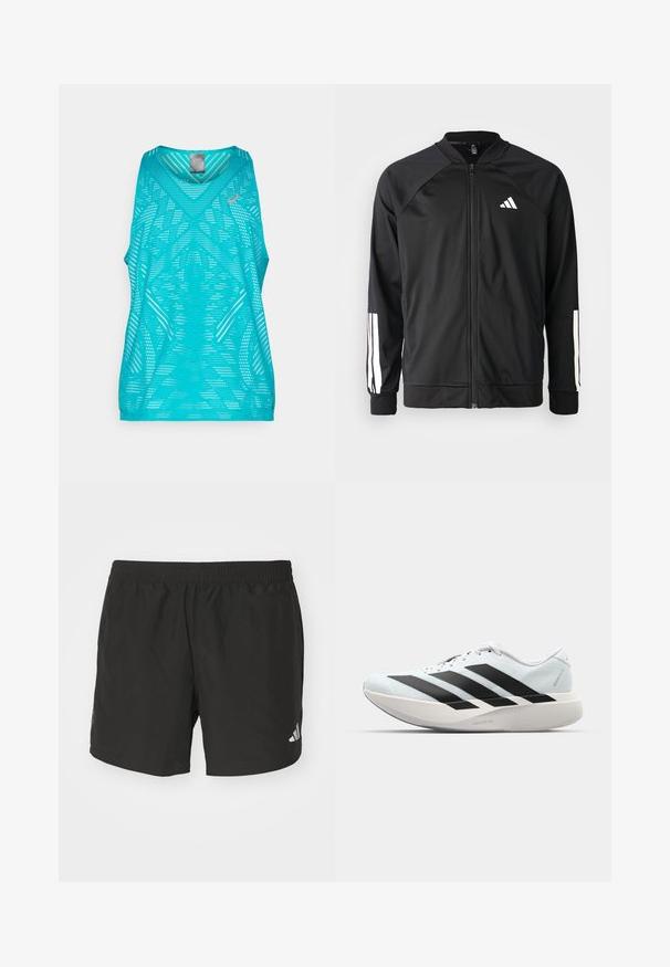 Schwarze Sportjacke mit einem Frontreißverschluss, Raglanärmeln, weißem Adidas-Logo und weißen Streifen an den Ärmeln. Glattes Gewebe mit elastischen Bündchen.; Leichtes türkisfarbenes Tanktop mit einem V-Ausschnitt, das ein strukturiertes Muster aus Perforationen und einem kontrastierenden Logo-Detail aufweist.; Schwarze Sportshorts mit einem elastischen Taillenbund, seitlichen Schlitzen und reflektierenden Logoakzenten. Hergestellt aus leichtem, glattem Material.; Leichte Laufschuhe in hellblau mit schwarzen Streifen. Sie verfügen über ein glattes Obermaterial, eine runde Zehenpartie und eine dicke weiße Zwischensohle, die mit "LIGHTSTRIKE PRO" beschriftet ist.