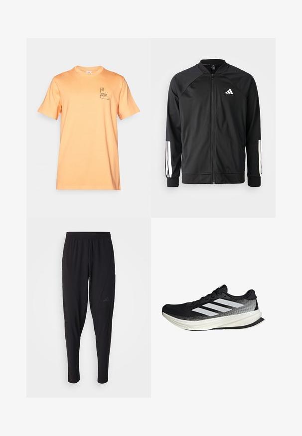 Schwarze Sportjacke mit einem Frontreißverschluss, Raglanärmeln, weißem Adidas-Logo und weißen Streifen an den Ärmeln. Glattes Gewebe mit elastischen Bündchen.; Oranges Baumwoll-T-Shirt mit kurzen Ärmeln, Rundhals und Frontdesign mit dem Text: "DEN GANZEN TAG TRAUME ICH VON S." Geschmeidige Textur, lässige Passform.; Schwarze Sporthosen mit elastischem Bund, tailliertem Design, Seitentaschen und dezenten Logo-Details. Hergestellt aus flexiblem, atmungsaktivem Material.; Schwarzer Sportschuh mit einem Mesh-Design, ausgestattet mit weißen Streifen, einer runden Zehenpartie und einer strukturierten Sohle für Grip und Unterstützung.