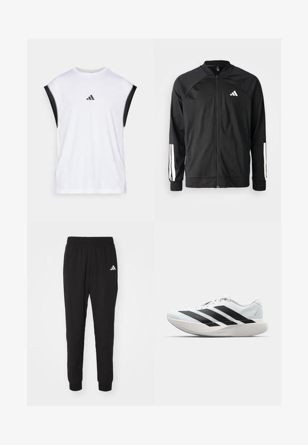 Chaqueta deportiva negra con cremallera frontal, mangas raglán, logo de Adidas en blanco y rayas blancas en las mangas. Tejido suave con puños elásticos.; Camiseta deportiva blanca sin mangas con acentos negros en los hombros. Presenta un escote redondo y un pequeño logo negro en la parte delantera. Textura de tela suave.; Pantalones deportivos negros con una cinturilla elástica, tobillos ajustados y el logo de Adidas en blanco en el muslo izquierdo. Fabricados con un tejido ligero y suave.; Zapatillas de running ligeras en azul pálido con rayas negras. Presentan una parte superior suave, puntera redonda y una gruesa mediasuela blanca etiquetada como "LIGHTSTRIKE PRO".