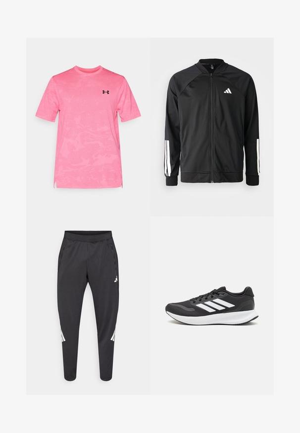 Svart treningsjakke med frontglidelås, raglanermer, hvit Adidas-logo og hvite striper på ermene. Glatt stoff med elastiske mansjetter.; Rosa kortermet treningstrøye med et teksturert kamuflasjemønster. Har rund hals og en logo på øvre venstre bryst.; Svarte treningsbukser med smalere ben, elastisk midjebånd, sidelommer og hvite logo- og stripedetaljer. Laget av et mykt, lett materiale.; Svarte sportsko med pustende mesh-overdel, hvite detaljer og en polstret såle. Har tre striper-logo på siden.