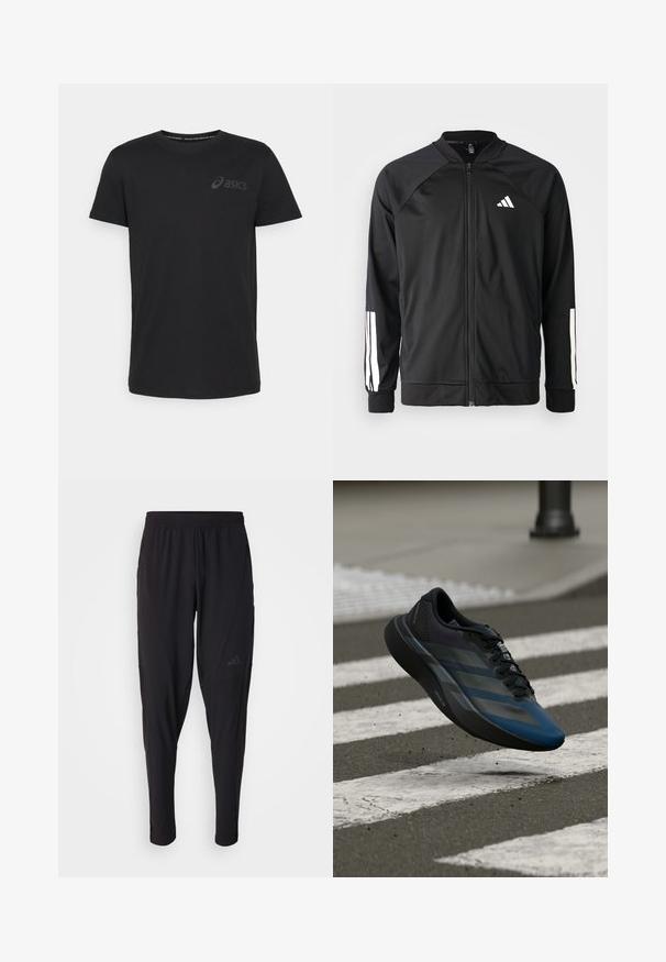 Black athletic jacket with a front zipper, raglan sleeves, white Adidas logo, and white stripes on sleeves. Smooth fabric with elastic cuffs.; Black short-sleeve t-shirt made of cotton; features a subtle embossed logo on the chest and a classic round neckline.; Black athletic pants with an elastic waistband, tapered design, side pockets, and subtle logo detail. Made from flexible, breathable fabric.; Black and blue athletic shoe with a streamlined design, featuring a textured upper, contrasting stripes, and a cushioned sole, hovering over pavement.