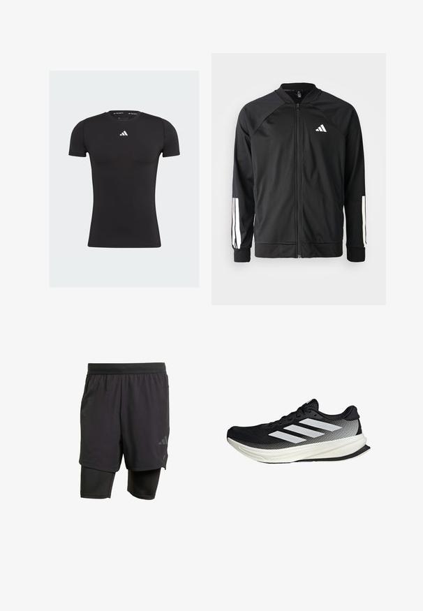 Chaqueta deportiva negra con cremallera frontal, mangas raglán, logo de Adidas en blanco y rayas blancas en las mangas. Tejido suave con puños elásticos.; Camiseta atlética corta negra de manga corta, hecha de un tejido suave y elástico. Presenta un logo blanco de Adidas en el pecho y un escote redondeado.; Bermudas deportivas negras con capa interior integrada, hechas de un tejido transpirable. Presentan un logo sutil y una textura estructurada. Cintura ajustable.; Zapato deportivo negro con un diseño de malla, que presenta rayas blancas, una puntera redondeada y una suela texturizada para agarre y soporte.