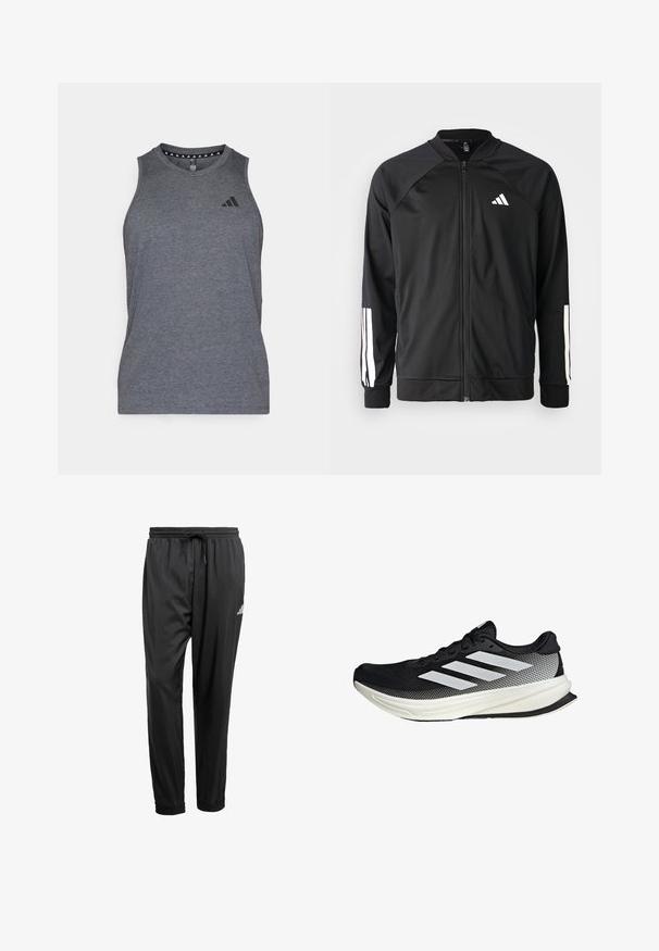 Zwarte sportjack met een rits aan de voorkant, raglanmouwen, wit Adidas-logo en witte strepen op de mouwen. Gladde stof met elastische manchetten.; Grijze sportieve tanktop gemaakt van lichtgewicht stof, met een ronde halslijn en een zwart merkembleem op de linkerkant van de borst.; Zwarte sportbroek met elastische tailleband, trekkoord, aangesloten enkels en een klein wit logo op de rechterdij.; Zwarte sportieve schoen met een mesh ontwerp, voorzien van witte strepen, een ronde neus en een gestructureerde zool voor grip en ondersteuning.