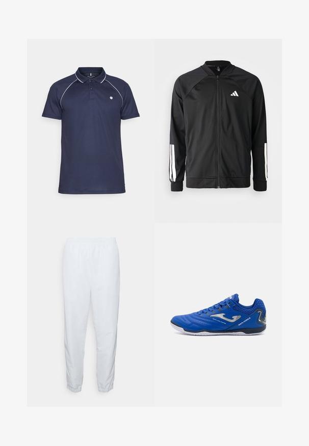 Černá sportovní bunda s předním zipem, raglánovými rukávy, bílým logem Adidas a bílými pruhy na rukávech. Hladká tkanina s elastickými manžetami.; Námořnická polo košile s bílým lemem podél límce a ramen. Má dvoubarevné zapínání na knoflíky a malé logo na hrudi. Směs bavlny.; Bílé, lehké kalhoty s elastickým pasem, tapered nohavicemi a elastickými manžetami. Hladký povrch, žádné viditelné vzory ani kovové detaily.; modré sportovní boty s prodyšným síťovaným svrškem, texturovanými syntetickými prvky, stříbrnými detaily a bílou gumovou podrážkou.