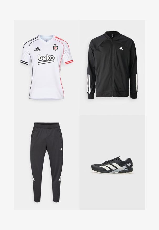 Zwarte sportjack met een rits aan de voorkant, raglanmouwen, wit Adidas-logo en witte strepen op de mouwen. Gladde stof met elastische manchetten.; adidas Performance BESIKTAS 25/26 HOME JERSEY - Fanartikel - white; Zwarte sportbroek met taps toelopende pijpen, elastische tailleband, zijzakken en witte logo- en streepdetails. Gemaakt van een glad, licht materiaal.; Zwarte sportschoen met witte strepen, bovenwerk van mesh, ronde neus en geveerde zool. Heeft een getextureerde hak en een veilig vetersysteem.