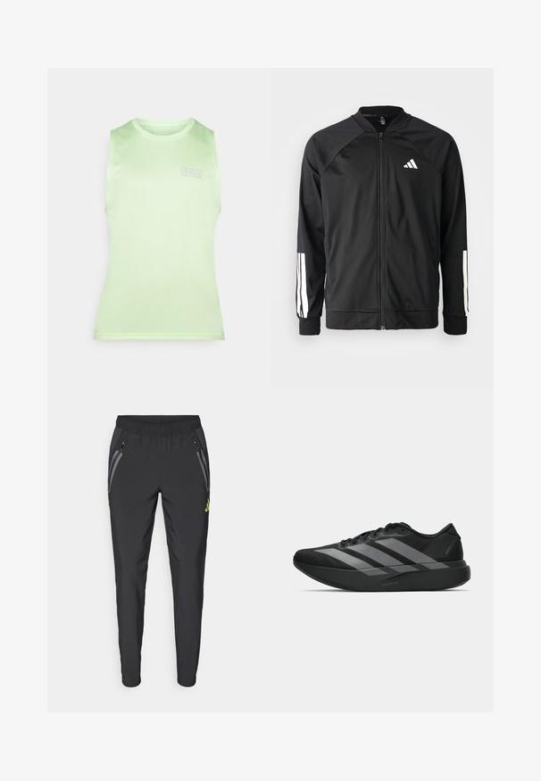 Zwarte sportjack met een rits aan de voorkant, raglanmouwen, wit Adidas-logo en witte strepen op de mouwen. Gladde stof met elastische manchetten.; Lichtgroene mouwloze top gemaakt van gladde stof, met een ronde halslijn en een subtiel "CNZ" logo gedrukt op de voorkant.; adidas Performance REAL MADRID TIRO25 PRO VIS TECH TRAVEL PANT - Fanartikel - black/lucid lemon; Zwarte sportieve schoenen met een lichtgewicht ontwerp, voorzien van drie opvallende grijze strepen, een gladde textuur en een gevormde zool.