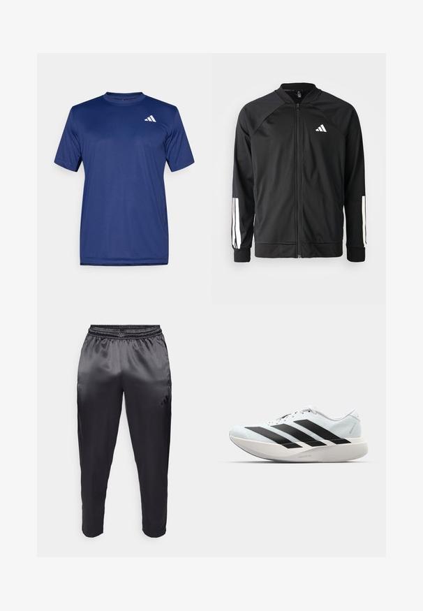 Juodas sportinis džemperis su priekiniais užtrauktukais, raglano stiliaus rankovėmis, balta Adidas logotipu ir baltais juostelėmis ant rankovių. Lygus audinys su elastingomis rankovėmis.; Tamsiai mėlynas trumpomis rankovėmis sportinis marškinėlis, pagamintas iš lygaus audinio. Ant viršutinės kairės pusės yra balta logotipo etiketė. Suapvalintas kaklo iškirpimas.; Juodos sportinės kelnės, pagamintos iš lygaus, lengvo audinio, su elastinga juostos juosta. Yra mažas logotipas kairėje pusėje ir siaurėjantys suplokštinimai.; Lengvi bėgimo batai šviesiai mėlynos spalvos su juodomis juostelėmis. Yra lygus viršus, apvalus pirštas ir storas baltas vidpadis su užrašu "LIGHTSTRIKE PRO."