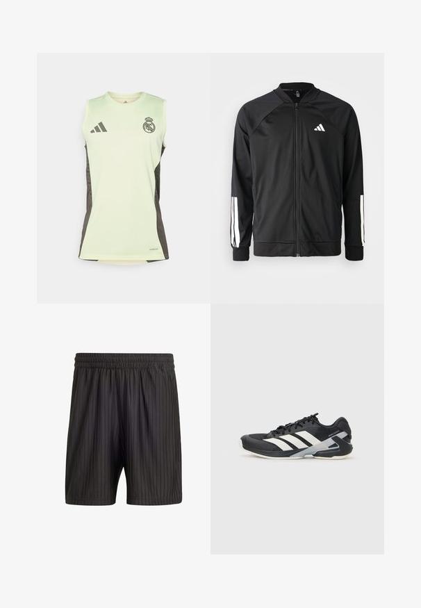 Giacca atletica nera con zip frontale, maniche raglan, logo Adidas bianco e strisce bianche sulle maniche. Tessuto liscio con polsini elasticizzati.; Canotta verde chiaro senza maniche con pannelli laterali grigi scuri, caratterizzata dal crest di Real Madrid e dal logo Adidas, realizzata in tessuto traspirante.; Pantaloni corti neri con vita elasticizzata, caratterizzati da righe verticali e un tessuto leggero e texturizzato. Lunghezza fino a metà coscia.; Scarpa sportiva nera con strisce bianche, tomaia in rete, punta arrotondata e suola ammortizzata. Presenta un tallone testurizzato e un sistema di allacciatura sicuro.