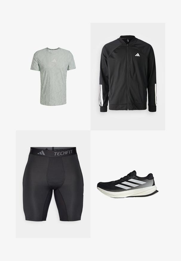 Musta urheilujakku, jossa on vetoketju edessä, raglan-hihat, valkoinen Adidas-logo ja valkoiset raidat hihoissa. Sujuva kangas ja joustavat hihansuut.; Vihreä lyhythihainen t-paita, jossa on teksturoitu aaltokuvio ja valkoinen logo rinnassa. Pyöreä pääntie, jossa on erivärinen reuna.; Musta urheiluhousut, jotka on valmistettu sileästä ja joustavasta kankaasta. Niissä on leveä, merkitty vyötärönauha ja litteät saumat mukavuutta ja kestävyyttä varten.; Musta urheilukengä, jossa on verkkomaisia yksityiskohtia, valkoiset raidat, pyöristetty kärki ja pintakuvioitu pohja pidon ja tuen tarjoamiseksi.