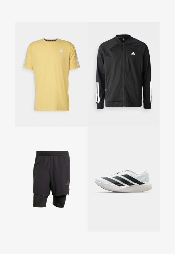 Chaqueta deportiva negra con cremallera frontal, mangas raglán, logo de Adidas en blanco y rayas blancas en las mangas. Tejido suave con puños elásticos.; Camiseta de algodón amarilla con mangas cortas, que presenta el logo blanco de Adidas en el pecho y tres rayas blancas en los hombros.; Bermudas deportivas negras con capa interior integrada, hechas de un tejido transpirable. Presentan un logo sutil y una textura estructurada. Cintura ajustable.; Zapatillas de running ligeras en azul pálido con rayas negras. Presentan una parte superior suave, puntera redonda y una gruesa mediasuela blanca etiquetada como "LIGHTSTRIKE PRO".