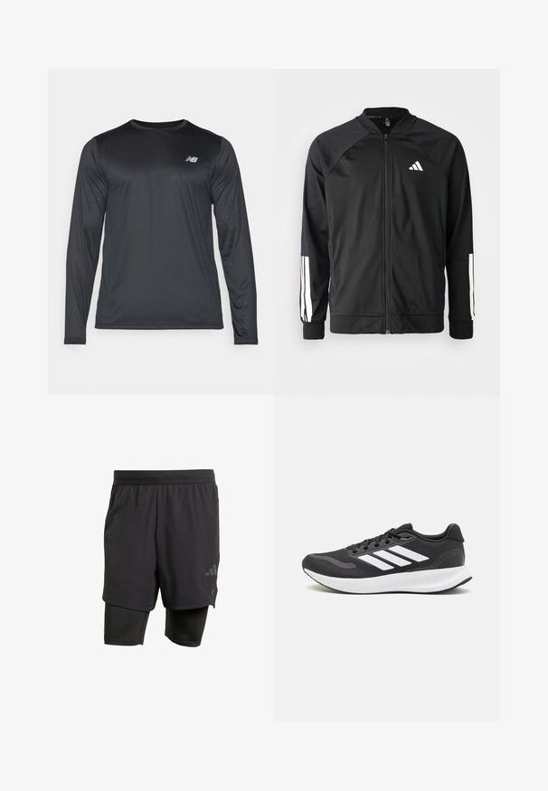 Juodas sportinis džemperis su priekiniais užtrauktukais, raglano stiliaus rankovėmis, balta Adidas logotipu ir baltais juostelėmis ant rankovių. Lygus audinys su elastingomis rankovėmis.; Juodas ilgomis rankovėmis sportinis marškinėliai, pagaminti iš lygaus, lengvo audinio su subtilia tekstūra. Ant viršutinės kairės krūtinės puikuojasi mažas logotipas.; Juodos sportinės šortai su integruota vidine dalimi, pagaminti iš kvėpuojančios medžiagos. Apsaugotas logotipas ir struktūrizuota tekstūra. Reguliuojamas juosmuo.; Juodas sportinis batelis su orui pralaidžia mėgintuvėliu, baltomis akcentais ir paminkštintu padu. Šone yra trijų juostų logotipas.