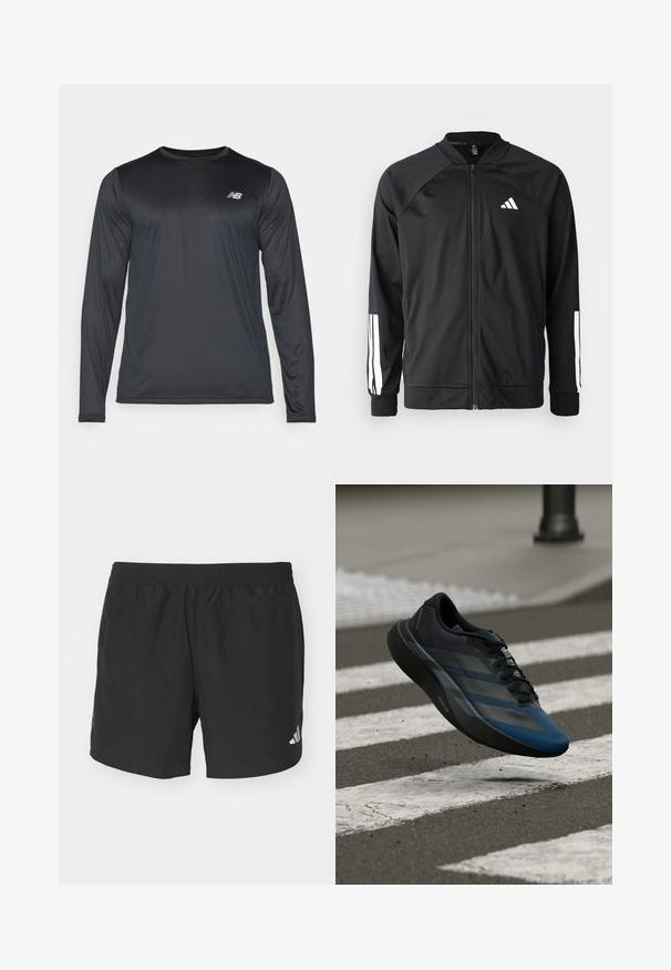 Čierna športová bunda s predným zipsom, raglánovými rukávmi, bielym logom Adidas a bielymi pruhmi na rukávoch. Hladká tkanina s elastickými manžetami.; Dlhý rukáv športová košeľa v čiernej farbe, vyrobená z hladkej, ľahkej tkaniny s jemnou textúrou. Obsahuje malé logo na hornej ľavej časti hrudníka.; Čierne atletické šortky s elastickým pásom, bočnými rozparkami a reflexnými logovými akcentmi. Vyrobené z ľahkej, hladkej tkaniny.; Čierna a modrá atletická obuv s aerodynamickým dizajnom, vybavená štruktúrovaným zvrškom, kontrastnými pruhmi a pohodlnou podrážkou, ktorá sa vznáša nad asfaltom.