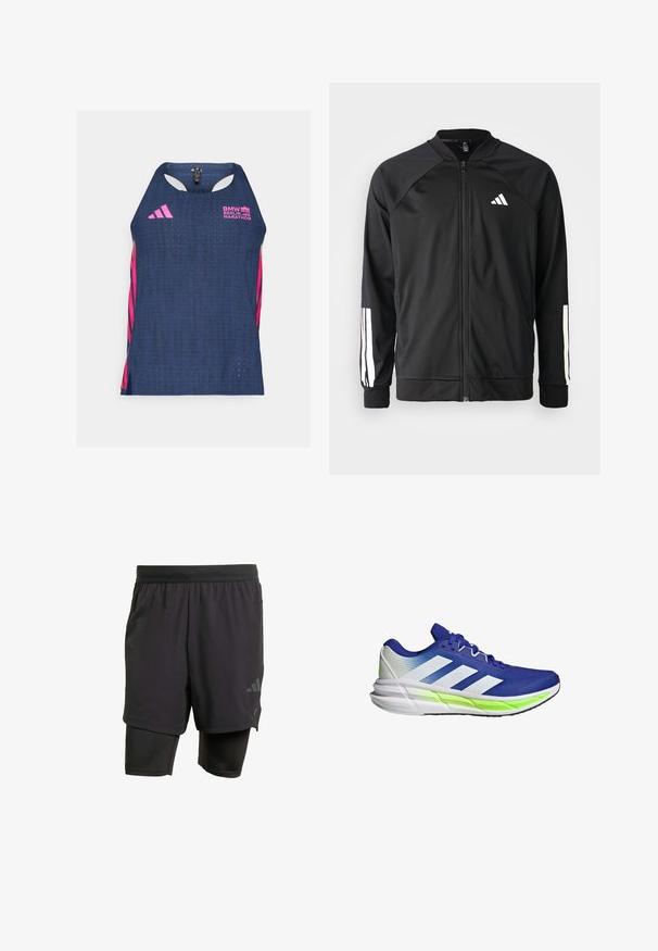 Chaqueta deportiva negra con cremallera frontal, mangas raglán, logo de Adidas en blanco y rayas blancas en las mangas. Tejido suave con puños elásticos.; adidas Performance BER25 SINGLET - Top - collegiate navy; Bermudas deportivas negras con capa interior integrada, hechas de un tejido transpirable. Presentan un logo sutil y una textura estructurada. Cintura ajustable.; Zapato deportivo azul con acentos blancos, parte superior de malla y suela acolchada destacada por una franja verde neón. Presenta un diseño curvado.