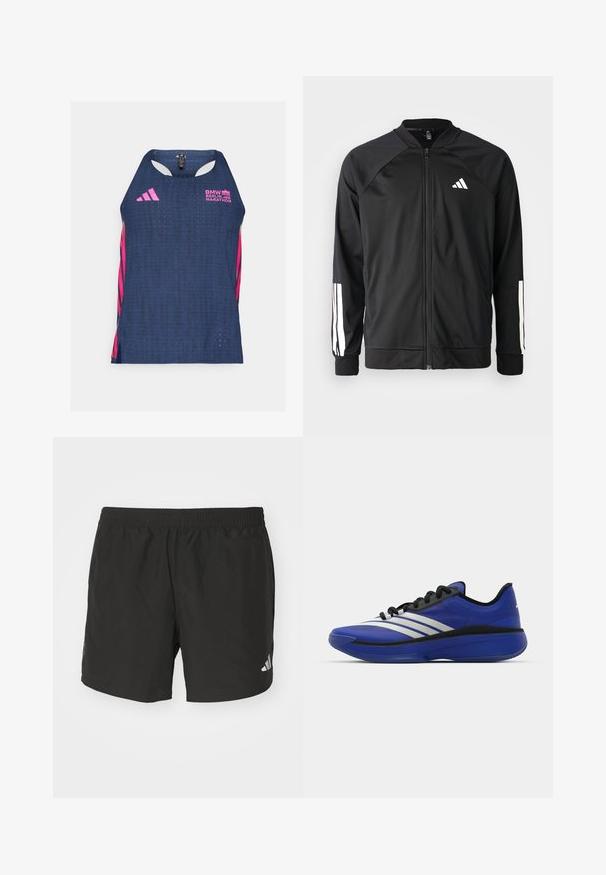 Giacca atletica nera con zip frontale, maniche raglan, logo Adidas bianco e strisce bianche sulle maniche. Tessuto liscio con polsini elasticizzati.; adidas Performance BER25 SINGLET - Top - collegiate navy; Pantaloni corti sportivi neri con vita elastica, fessure laterali e dettagli riflettenti del logo. Realizzati in un tessuto leggero e liscio.; adidas Performance ADIZERO SELECT 3.0 - Scarpe da basket - lucid blue/core black/metallic