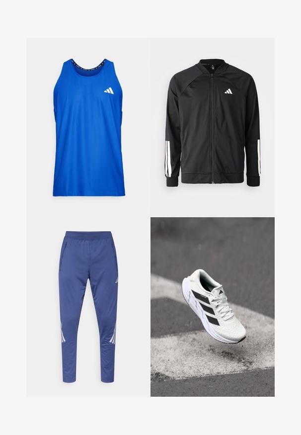 Czarna kurtka sportowa z zamkiem z przodu, raglanowymi rękawami, białym logo Adidas oraz białymi paskami na rękawach. Gładki materiał z elastycznymi mankietami.; Niebieska kamizelka z lekkiego, oddychającego materiału. Posiada okrągły dekolt, bez rękawów i biały logo na klatce piersiowej.; Niebieskie sportowe spodnie z elastycznym pasem, kieszeniami na zamek po bokach i białymi ukośnymi paskami po bokach. Wykonane z gładkiego, lekkiego materiału.; Białe buty sportowe z teksturowaną siateczką, czarnymi paskami, z zapięciem na sznurowadła i wyściełaną podeszwą, unoszące się nad oznaczoną nawierzchnią drogi.