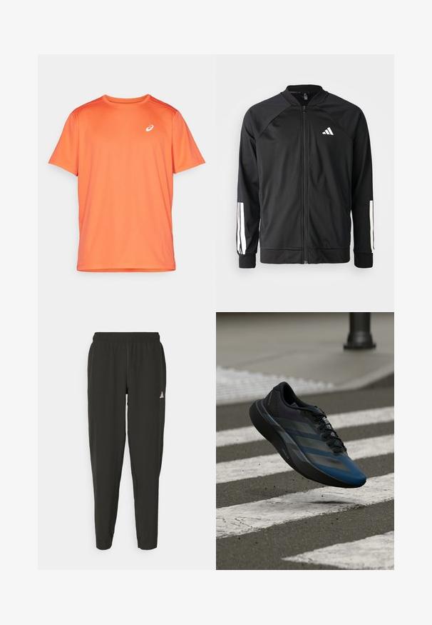 Black athletic jacket with a front zipper, raglan sleeves, white Adidas logo, and white stripes on sleeves. Smooth fabric with elastic cuffs.; Orange athletic t-shirt made from lightweight fabric. Features short sleeves, crew neck, and a small white logo on the upper left chest.; Black athletic pants with an elastic waistband, slim fit, and white logo on the left leg. Smooth, lightweight fabric.; Black and blue athletic shoe with a streamlined design, featuring a textured upper, contrasting stripes, and a cushioned sole, hovering over pavement.