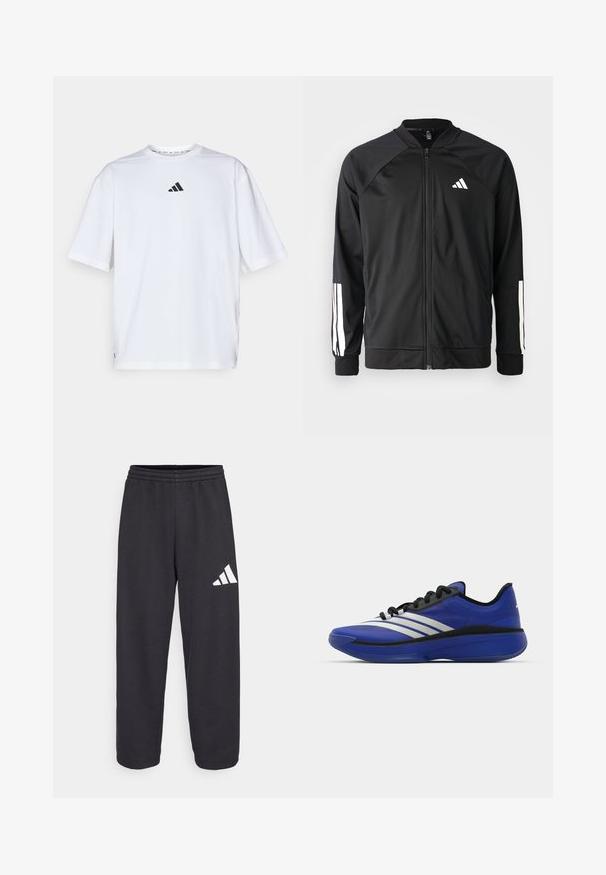 Chaqueta deportiva negra con cremallera frontal, mangas raglán, logo de Adidas en blanco y rayas blancas en las mangas. Tejido suave con puños elásticos.; Camiseta de algodón blanca con un logo negro de Adidas en el pecho, mangas cortas, un cuello redondo y aberturas laterales en el dobladillo.; Pantalones deportivos negros de corte holgado, con una cintura elástica y un logo geométrico blanco en la pierna izquierda. Textura de tejido suave.; adidas Performance ADIZERO SELECT 3.0 - Zapatillas de baloncesto - lucid blue/core black/metallic