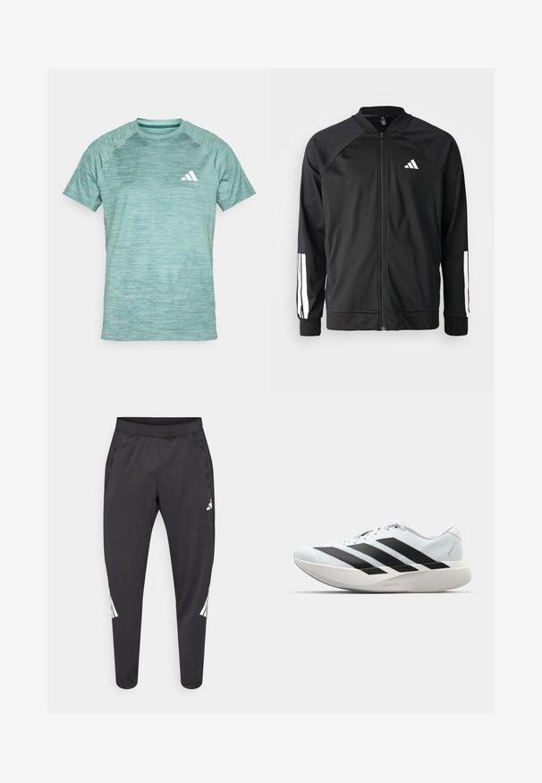 Čierna športová bunda s predným zipsom, raglánovými rukávmi, bielym logom Adidas a bielymi pruhmi na rukávoch. Hladká tkanina s elastickými manžetami.; Svetlo tyrkysové športové tričko s textúrovaným vzorom, krátkymi rukávmi a okrúhlym výstrihom. Obsahuje biele logo na ľavej hornej časti hrude.; Čierne športové nohavice so zúženými nohavicami, elastickým pásom, bočnými vreckami a bielym logom a pruhmi. Vyrobené z hladkého, ľahkého materiálu.; Ľahké bežecké topánky v svetlomodrej farbe s čiernymi pruhmi. Majú hladký zvršok, okrúle špičky a hrubú bielu medzipodrážku označenú "LIGHTSTRIKE PRO."