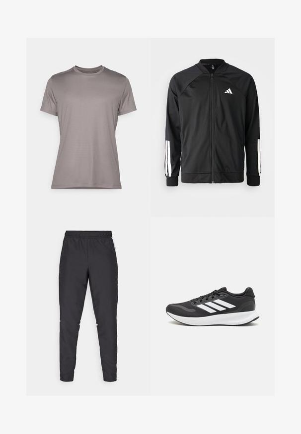 Black athletic jacket with a front zipper, raglan sleeves, white Adidas logo, and white stripes on sleeves. Smooth fabric with elastic cuffs.; Gray short-sleeve t-shirt made of textured fabric with a round neck and a subtle logo accent on the sleeve. Simple, clean design.; Black athletic pants with an elastic waistband, tapered legs, and white side accents. Made of synthetic material with a smooth texture.; Black athletic shoe with breathable mesh upper, white accents, and a cushioned sole. Features three stripes logo on the side.