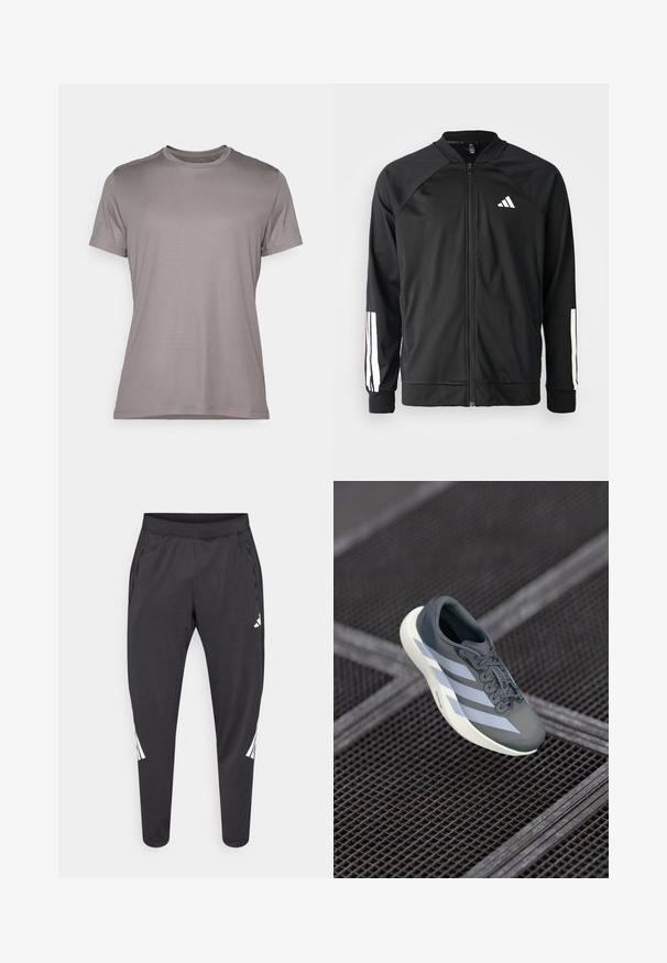 Black athletic jacket with a front zipper, raglan sleeves, white Adidas logo, and white stripes on sleeves. Smooth fabric with elastic cuffs.; Gray short-sleeve t-shirt made of textured fabric with a round neck and a subtle logo accent on the sleeve. Simple, clean design.; Black athletic pants with tapered legs, elastic waistband, side pockets, and white logo and stripes detailing. Made from a smooth, lightweight material.; Sport shoe in gray and white, made of synthetic material, with a streamlined design, textured finish, and prominent lacing system.
