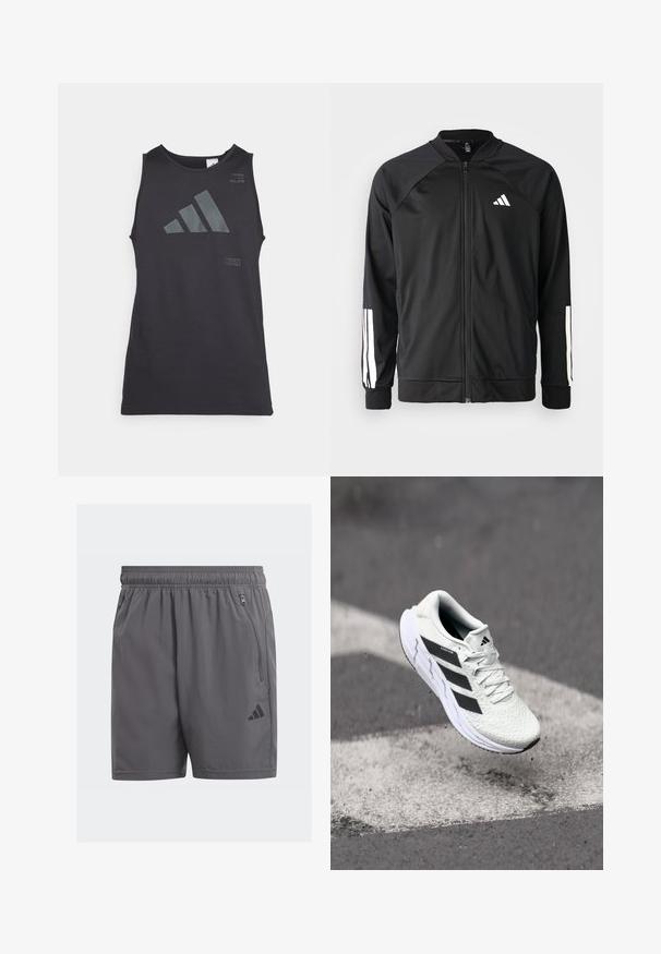 Zwarte sportjack met een rits aan de voorkant, raglanmouwen, wit Adidas-logo en witte strepen op de mouwen. Gladde stof met elastische manchetten.; Zwarte mouwloze sporttop met grijs reflecterend Adidas-logo en tekstaccenten, gemaakt van gladde, lichte stof.; Grijze sportieve shorts met een elastische tailleband, zijzakken met rits en een zwart logoaccent. Lichtgewicht, gladde structuur en knielang.; Witte sportschoen met een textuur van mesh, zwarte strepen, vetersluiting en een gevoerde zool, zwevend boven een gemarkeerd wegoppervlak.