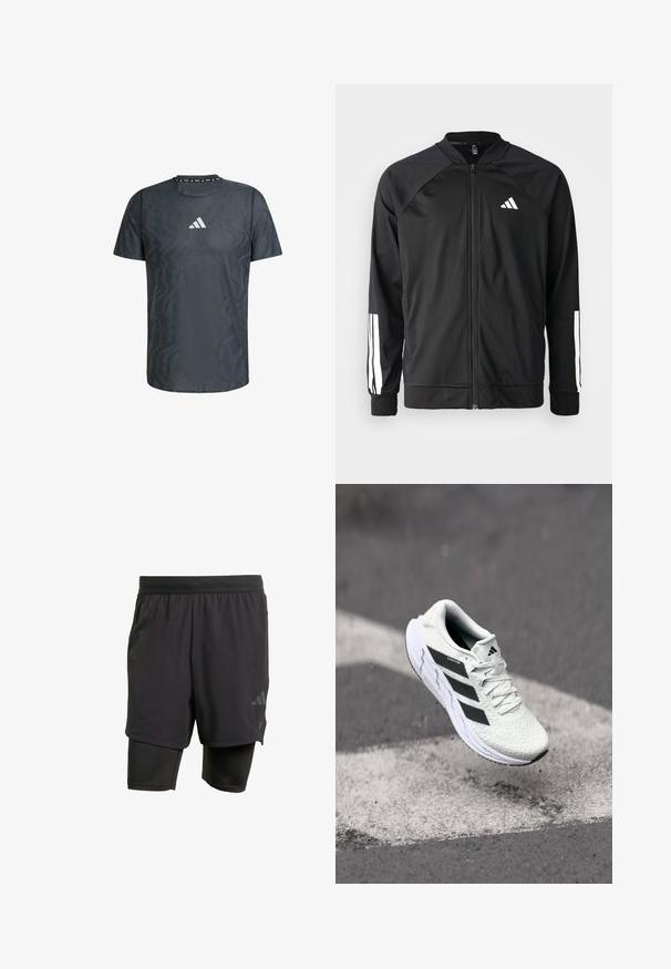 Svart sportjacka med framdraget blixtlås, raglanärmar, vitt Adidas-logotyp och vita ränder på ärmarna. Slät tyg med elastiska mudd.; Mörkgrå tränings T-shirt med geometriskt mönster, rund hals, korta ärmar och en vit logotyp på bröstet. Slät textur.; Svarta atletiska shorts med integrerat innerlager, tillverkade av ventilerande tyg. Har en subtil logotyp och strukturerad textur. Justerbart midjeband.; Vitt sportskor med strukturerad mesh-överkant, svarta ränder, snörning och en dämpad sula, svävande över en markerad väg.