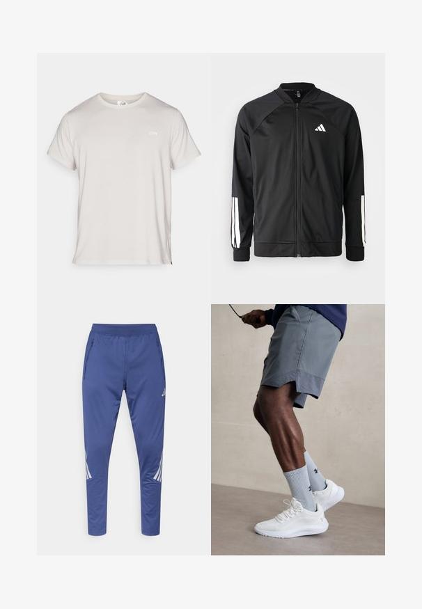 Čierna športová bunda s predným zipsom, raglánovými rukávmi, bielym logom Adidas a bielymi pruhmi na rukávoch. Hladká tkanina s elastickými manžetami.; Svetlo šedé tričko, krátke rukávy, okrúhly výstrih, textúrovaná látka s malými vzormi, s bielym logom značky na hrudi.; Modré športové nohavice s elastickým pásom, bočnými vreckami na zips a bielymi diagonálnymi pruhmi na stranách. Vyrobené z hladkého, ľahkého materiálu.; Biele atletické topánky s textúrovaným sieťovinovým zvrškom, v kombinácii so svetlomodrými rebrovanými ponožkami s logom. Šedé atletické šortky s perforovaným lemem.