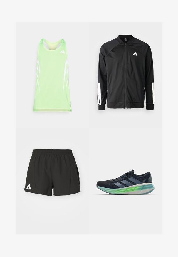 Giacca atletica nera con zip frontale, maniche raglan, logo Adidas bianco e strisce bianche sulle maniche. Tessuto liscio con polsini elasticizzati.; Canotta sportiva verde realizzata in un tessuto a rete testurizzato, con strisce diagonali bianche e logo Adidas sul lato superiore destro.; Pantaloni sportivi neri realizzati in materiale leggero, con una vita elasticizzata, tasche laterali e un logo Adidas bianco sulla gamba sinistra.; Scarpa sportiva nera e blu con tomaia in rete, tre strisce bianche, suola verde traslucida e un modello testurizzato distintivo. Design leggero.