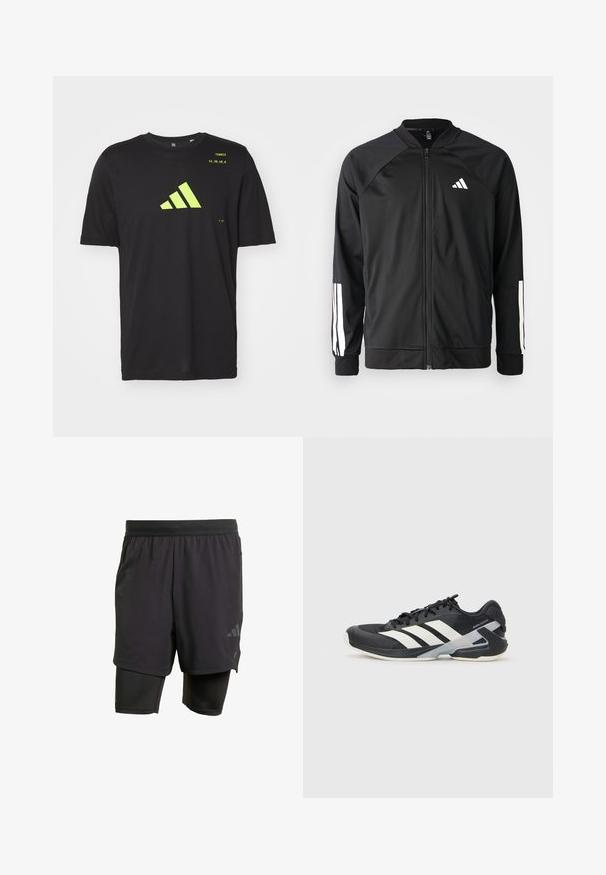 Chaqueta deportiva negra con cremallera frontal, mangas raglán, logo de Adidas en blanco y rayas blancas en las mangas. Tejido suave con puños elásticos.; Camiseta de algodón negra con un logo y texto de Adidas en amarillo-verde en la parte frontal. Diseñada con mangas cortas y cuello redondo.; Bermudas deportivas negras con capa interior integrada, hechas de un tejido transpirable. Presentan un logo sutil y una textura estructurada. Cintura ajustable.; Zapatilla deportiva negra con franjas blancas, parte superior de malla, punta redondeada y suela acolchada. Presenta un talón texturizado y un sistema de cordones seguro.