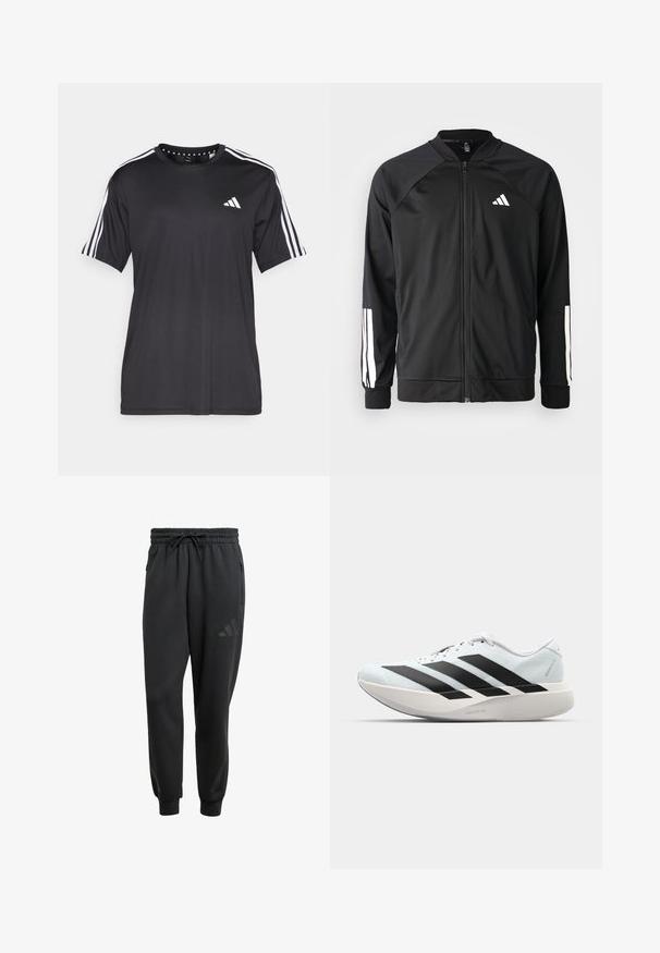 Crna sportska jakna s prednjim zatvaračem, raglan rukavima, bijelim Adidas logom i bijelim prugama na rukavima. Glatka tkanina s elastičnim manžetama.; Crna majica kratkih rukava s bijelim trostrukim dizajnom na ramenima i logotipom na prsima. Izrađena od prozračnog materijala, glatke teksture.; Crne trenirke s elastičnim pojasom, zatvaranjem na vezicu, bočnim patentnim džepovima i diskretnim logom otisnutim na lijevom bedru.; Lagane tenisice za trčanje u svijetloplavoj boji s crnim trakama. Imaju glatku gornju površinu, okrugli vrh i debeli bijeli srednji sloj označen "LIGHTSTRIKE PRO."