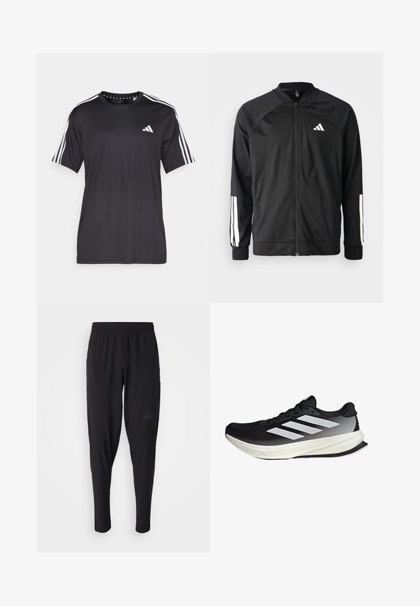 Zwarte sportjack met een rits aan de voorkant, raglanmouwen, wit Adidas-logo en witte strepen op de mouwen. Gladde stof met elastische manchetten.; Zwarte t-shirt met korte mouwen, voorzien van een witte drie-strepen design op de schouders en een logo op de borst. Gemaakt van ademend materiaal met een zachte textuur.; Zwarte sportbroek met een elastische tailleband, taps toelopend ontwerp, zijzakken en subtiele logodetails. Gemaakt van flexibele, ademende stof.; Zwarte sportieve schoen met een mesh ontwerp, voorzien van witte strepen, een ronde neus en een gestructureerde zool voor grip en ondersteuning.