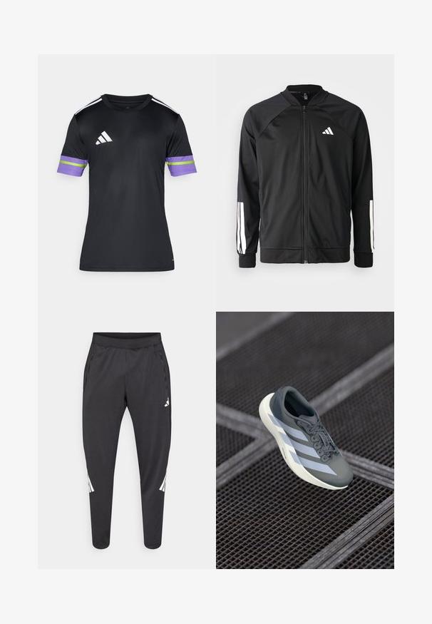 Casaco atlético preto com fecho na frente, mangas raglan, logotipo Adidas branco e riscas brancas nas mangas. Tecido suave com punhos elásticos.; Camisa de desporto preta com mangas curtas. Apresenta detalhes em roxo com riscas e acabamento verde nas punhos. Na frente, exibe três riscas diagonais brancas.; Calças atléticas pretas com pernas afiladas, cintura elástica, bolsos laterais e detalhes em logo e riscas brancas. Confeccionadas em material liso e leve.; Shoe desportivo em cinza e branco, feito de material sintético, com um design aerodinâmico, acabamento texturizado e um sistema de atacadores proeminente.