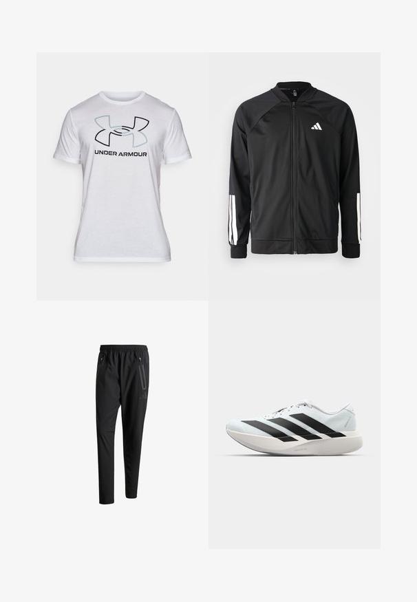 Zwarte sportjack met een rits aan de voorkant, raglanmouwen, wit Adidas-logo en witte strepen op de mouwen. Gladde stof met elastische manchetten.; Witte katoenen t-shirt met korte mouwen, voorzien van een groot zwart en lichtblauw Under Armour-logo op de voorkant. Gladde textuur, klassieke pasvorm.; Zwarte sportbroeken met een elastische tailleband, twee ritszakken aan de zijkant, taps toelopende pijpen en een subtiele logo-detail op de heup.; Lichte hardloopschoenen in lichtblauw met zwarte strepen. Beschikt over een soepele bovenkant, ronde neusstuk en dikke witte tussenzool met het label "LIGHTSTRIKE PRO."