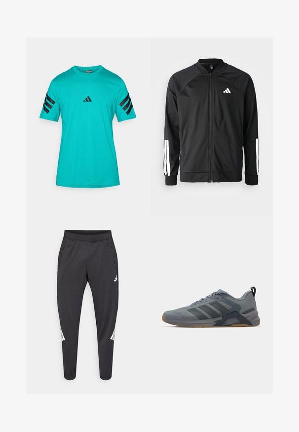 Casaco atlético preto com fecho na frente, mangas raglan, logotipo Adidas branco e riscas brancas nas mangas. Tecido suave com punhos elásticos.; T-shirt turquesa de mangas curtas, feita de algodão, com três riscas pretas em cada manga e um pequeno logótipo preto no peito.; Calças atléticas pretas com pernas afiladas, cintura elástica, bolsos laterais e detalhes em logo e riscas brancas. Confeccionadas em material liso e leve.; Sapatilha atlética cinza com parte superior texturizada, três riscas cinzas escuras, sola de borracha e contraforte de calcanhar reforçado. Apresenta um design elegante.