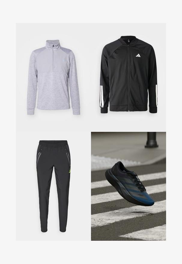 Giacca atletica nera con zip frontale, maniche raglan, logo Adidas bianco e strisce bianche sulle maniche. Tessuto liscio con polsini elasticizzati.; Pullover grigio con colletto a mezza zip, caratterizzato da un corpo testurizzato e pannelli superiori lisci. Maniche lunghe con polsi a costine e dettaglio del logo.; adidas Performance REAL MADRID TIRO25 PRO VIS TECH TRAVEL PANT - Squadra - black/lucid lemon; Scarpa sportiva nera e blu con un design aerodinamico, presenta una tomaia testurizzata, strisce a contrasto e una suola ammortizzata, sospesa sopra l'asfalto.