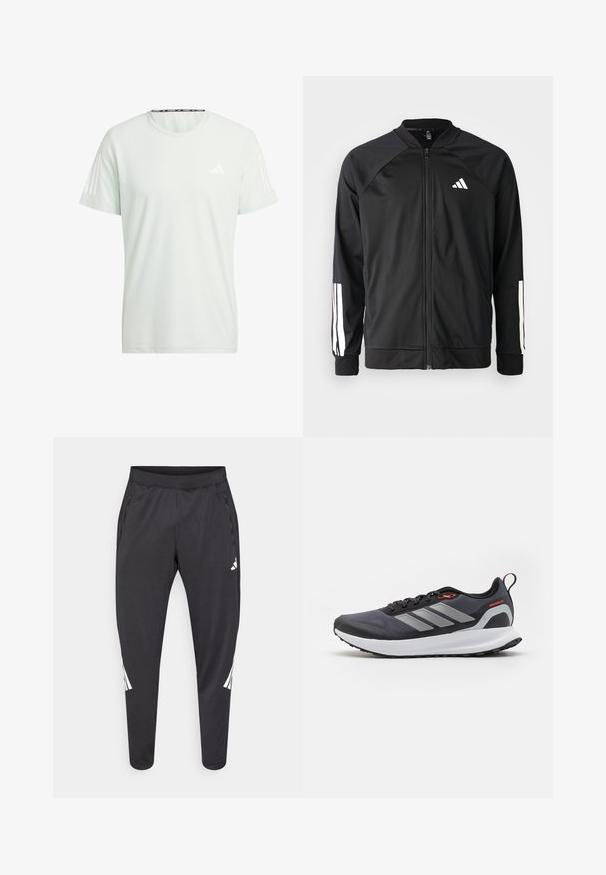 Juodas sportinis džemperis su priekiniais užtrauktukais, raglano stiliaus rankovėmis, balta Adidas logotipu ir baltais juostelėmis ant rankovių. Lygus audinys su elastingomis rankovėmis.; adidas Performance OTR B - Sportiniai marškinėliai trumpomis rankovėmis - linen green; Juodos sportinės kelnės su siaurėjančiomis kojų apačiomis, elastine juosmens juosta, šoninėmis kišenėmis bei baltu logotipu ir dryžiais. Pagamintos iš glotnios, lengvos medžiagos.; Juodai bėgimo batai su pilkais akcentais. Turi tekstūruotą viršutinę dalį, tvirtą padą ir atspindinčius juosteles. Lengvas dizainas su paminkštinta vidurinė dalimi.