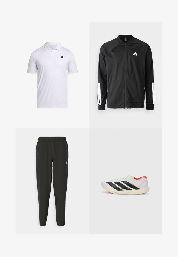 Črna atletska jakna z zadrgo spredaj, raglan rokavi, belo Adidas logo in bele črte na rokavih. Gladek material z elastičnimi manšetami.; Bela polo majica iz dihalnega materiala s ovratnikom, s kratkimi rokavi in črnim logotipom Adidas na levem prsnem delu.; Črne športne hlače z elastičnim pasom, ožji kroj in belim logotipom na levi nogi. Gladek, lahek material.; Bela športna obutev z črnimi črtami, neonsko zelenimi poudarki in rdečo peto. Ima lahko zasnovo in teksturiran podplat za dober oprijem.