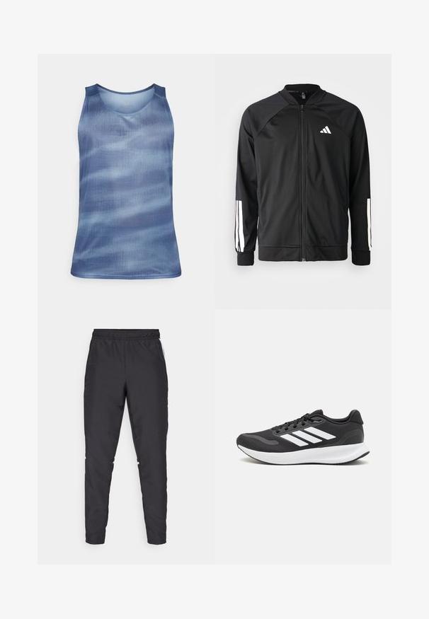 Black athletic jacket with a front zipper, raglan sleeves, white Adidas logo, and white stripes on sleeves. Smooth fabric with elastic cuffs.; Mizuno GRAPHIC TANK - Top - citadel; Black athletic pants with an elastic waistband, tapered legs, and white side accents. Made of synthetic material with a smooth texture.; Black athletic shoe with breathable mesh upper, white accents, and a cushioned sole. Features three stripes logo on the side.